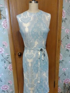 Light Blue and Cream 1960s Sleeveless Belted Sheath Dress